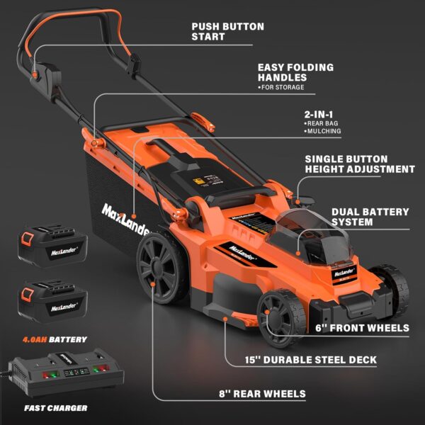 Maxlander Lawn Mower, 15Inch Electric Lawn Mower Cordless, 40V 2-in-1 Battery Powered Lawn Mower with Brushless Motor, 6-Position Height Adjustment, 2PCS 4.0Ah Batteries and Charger Included - For Sale - Price - Image 8