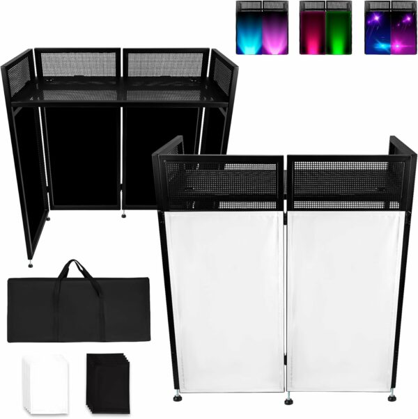 DJ Booth Table Station 44"x42"x21", DJ Facade Booth w/Black & White Lighting Scrims, Detachable 40"x20" DJ Table, Carrying Bag, Foldable Metal Frame DJ Booth Panel for Show, Party, Gathering - For Sale - Price