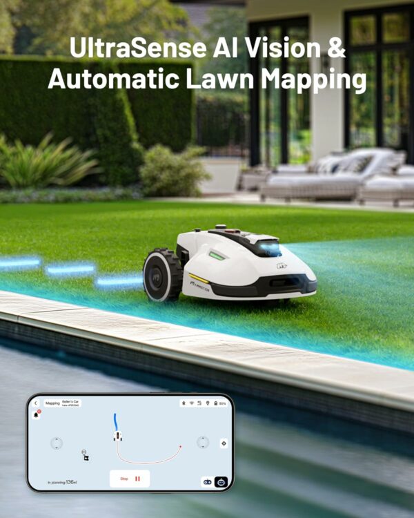 YUKA 1000 Robot Lawn Mower for 0.25 Acre, Ultrasense AI Vision & RTK Antenna, Auto Mapping & App Control, 45% Slope Capability, Wireless Perimeter, Dual Cutting Discs, Up to 10 Mowing Zones - For Sale - Price - Image 2