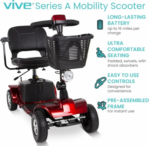 Vive Mobility Scooter (Series A) - 4 Wheel Electric Powered Wheelchair Mobile Device for Adults, Seniors - TSA Approved Wheel Chair, Compact, Travel - Long Range Battery, Shock Absorbing (Red) - For Sale - Price - Image 2