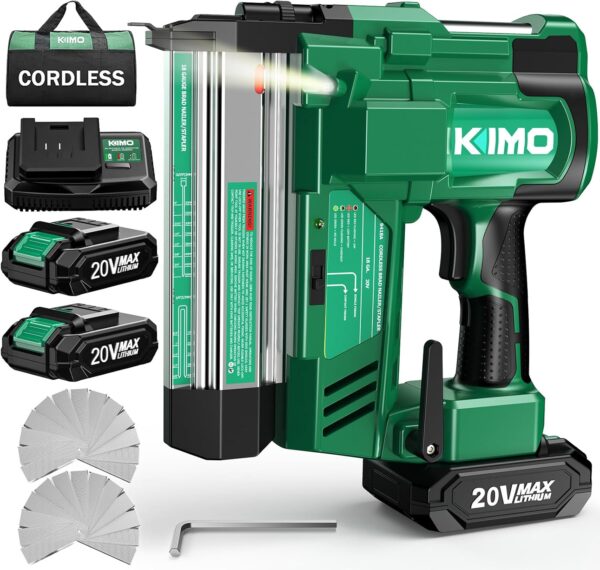 KIMO 18 Gauge Nail Gun Battery Powered w/ 2 X 2.0Ah Battery, 1000pcs Nails and Staples, 2 IN 1 Cordless Brad Nailer and Stapler, 2 Firing Modes, 180 Nails/min, Adjustable Nailing Depth for DIY Project, Price For Sale