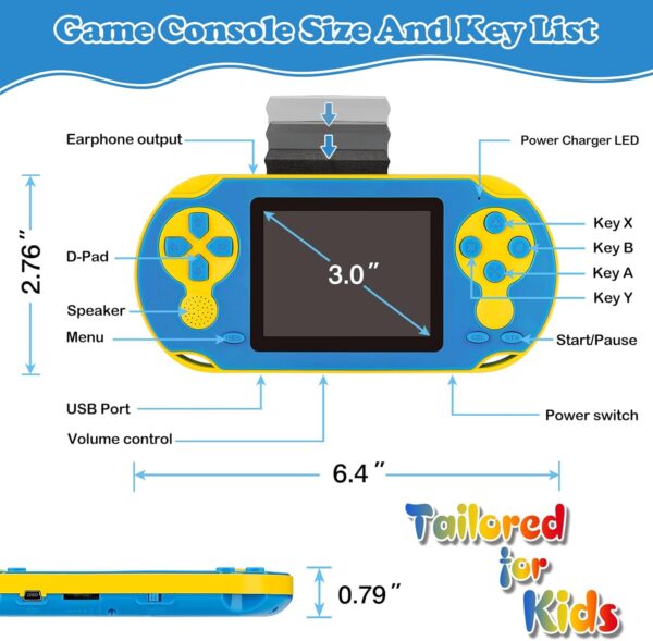 16 Bit Handheld Game for Kids, Video Game Player with Built in 230 HD Games, 3.0'' Screen Retro Electronic Game Machine with 3 Game Cartridges, Portable Rechargeable Games for Ages 3-12 (Blue) - For Sale - Price - Image 4