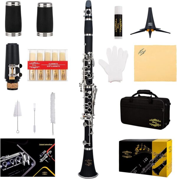 Glory GLY-PBK Professional Ebonite Bb Clarinet with 10 Reeds, Stand, Hard Case, Cleaning Cloth, Cork Grease, Mouthpiece Brush and Pad Brush, Black - For Sale - Price