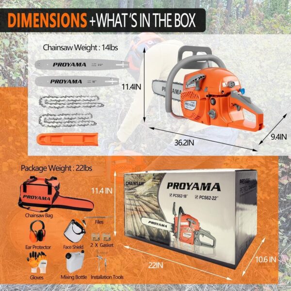 PROYAMA 62CC 2-Cycle Gas Powered Chainsaw, 22 Inch 18 Inch Handheld Cordless Petrol Chain Saw for Tree Wood Cutting - For Sale - Price - Image 7