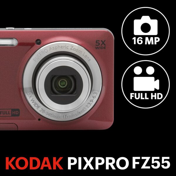 KODAK PIXPRO FZ55-RD 16MP Digital Camera 5X Optical Zoom 28mm Wide Angle 1080P Full HD Video 2.7" LCD Vlogging Camera (Red) Packaging May Vary - For Sale - Price - Image 2