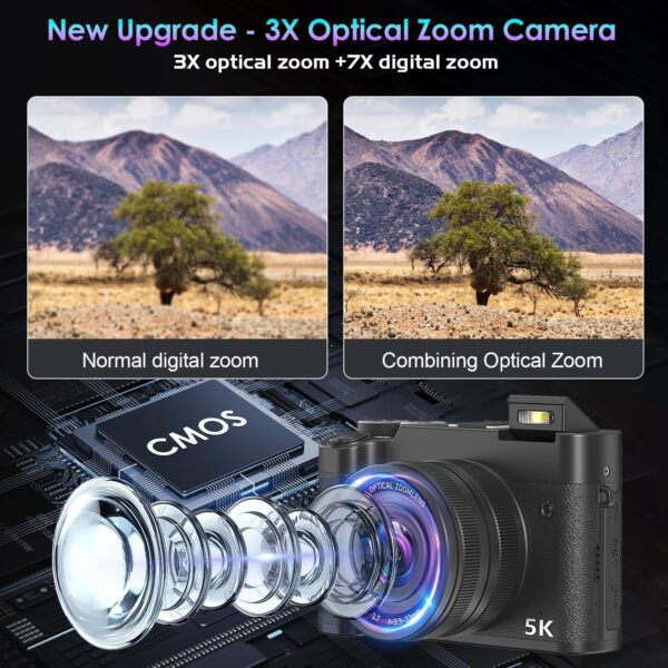 5K Digital Camera, WiFi Cameras for Photography & Video with 3X Optical Digital Zoom, Autofocus Vlogging Camera for YouTube, 64MP Travel Digital Camera with 64GB Card, 2 Batteries - For Sale - Price - Image 2