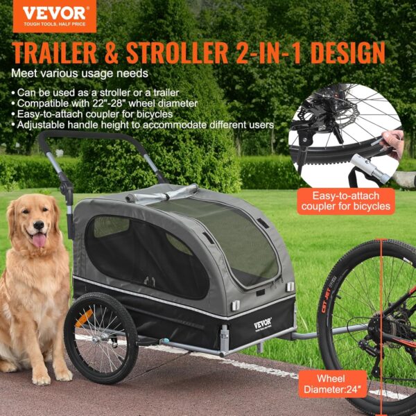 VEVOR Dog Bike Trailer, Supports up to 88 lbs, 2-in-1 Pet Stroller Cart Bicycle Carrier, Easy Folding Cart Frame with Quick Release Wheels, Universal Bicycle Coupler, Reflectors, Flag, Black/Gray - For Sale - Price - Image 2