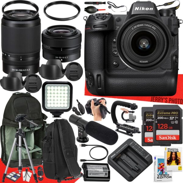 Nikon Z9 Mirrorless Camera with Nikon NIKKOR Z 24-50mm f/4-6.3 and NIKKOR Z DX 50-250mm f/4.5-6.3 VR Lens + 2pc 128 GB Memory + Video LED Light + Mic + More (37pc Bundle) (Renewed) - For Sale - Price