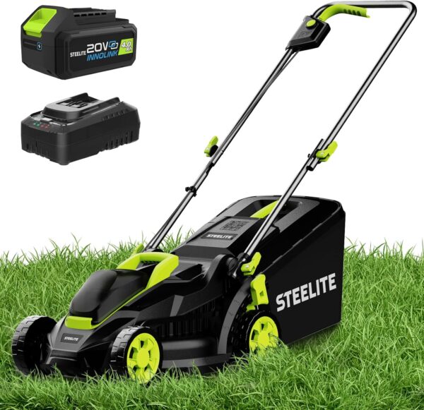 STEELITE 13-Inch Cordless Lawn Mower, 21V 4.0Ah Electric Mower with Brushless Motor, 5-Position Height Adjustment, Lightweight, 8-Gallon Grass Bag, Battery & Charger Included - For Sale - Price