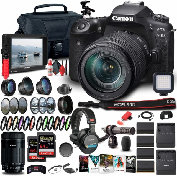 Canon EOS 90D DSLR Camera with 18-135mm Lens (3616C016) + EF-S 55-250mm Lens + 4K Monitor + Pro Headphones + Pro Mic + 2 x 64GB Memory Card + Case + Corel Photo Software + Pro Tripod + More (Renewed) - For Sale - Price