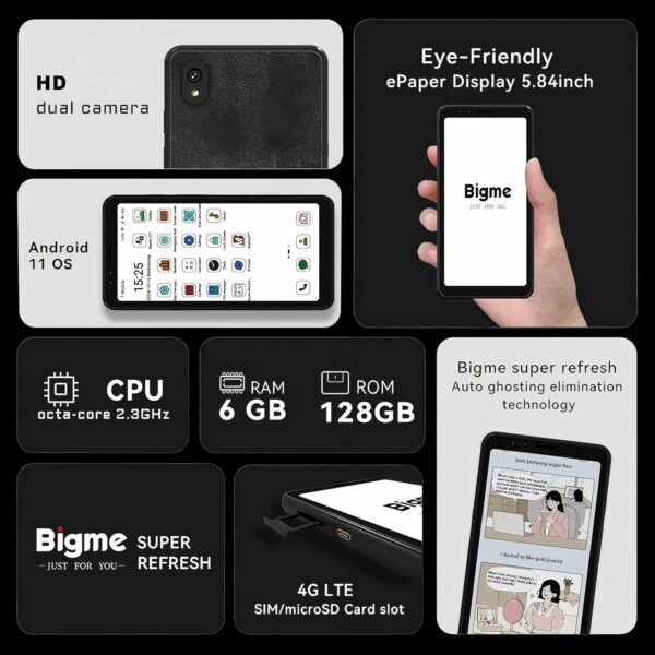 Bigme Color E-Ink Screen Mobile Hibreak, 6G+128GB Android 11 Smartphone, 36-Level Front Light, USB-C, 3300mAh Battery, 5+13MP Camera - Black - For Sale - Price - Image 2