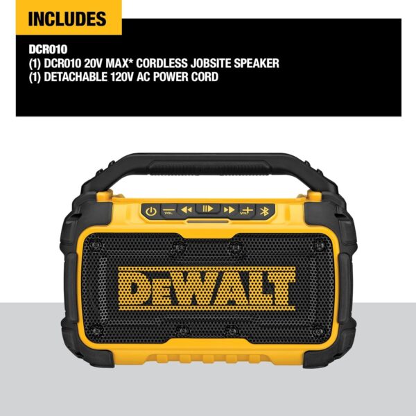 DEWALT 20V MAX Bluetooth Speaker, 100 ft Range, Durable for Jobsites, Phone Holder Included, Lasts 8-10 Hours with Single Charge (DCR010) - For Sale - Price - Image 2