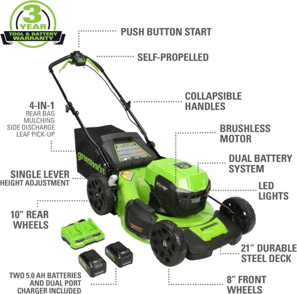 Greenworks 48V (2 x 24V) 21" Brushless Cordless (Self-Propelled) Lawn Mower (LED Headlight), (2) 5.0Ah Batteries and Dual Port Rapid Charger Included (125+ Compatible Tools) - For Sale - Price - Image 2