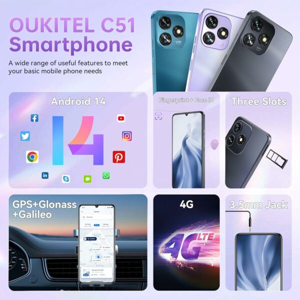 OUKITEL C51 Android 14 Smartphone - 6.8" HD+ Screen Unlocked Cell Phones, 18GB+128GB/SD 1TB, 5150mAh Battery Mobile Phones, 13MP Camera, Three Slots, Face ID/Fingerprint, GPS, BT5.0,T-Mobile, Black - For Sale - Price - Image 4