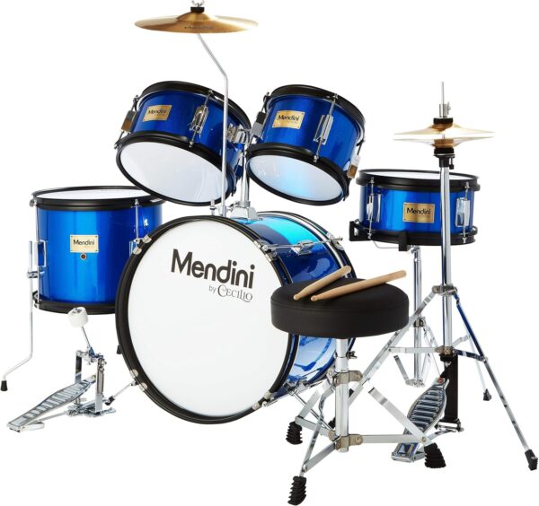 Mendini by Cecilio Kids Drum Set 5 Piece - Full 16in Youth Drumset with Bass, Toms, Snare Drum, Cymbal, Hi-Hat, Drumsticks & Seat for 5 to 12 Year Old and Beginner Adult Set - Blue - For Sale - Price