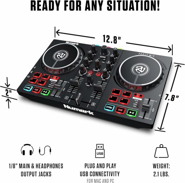 Numark Party Mix II - DJ Controller with Party Lights, DJ Set with 2 Decks, DJ Mixer, Audio Interface and USB Connectivity + Serato DJ Lite - For Sale - Price - Image 6