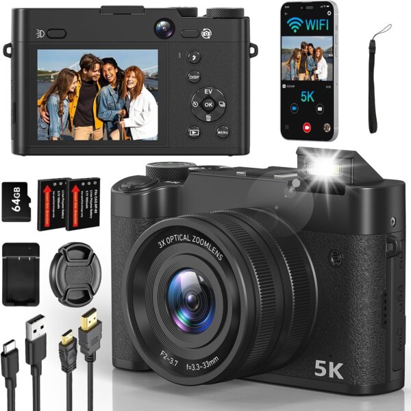 5K Digital Camera, WiFi Cameras for Photography & Video with 3X Optical Digital Zoom, Autofocus Vlogging Camera for YouTube, 64MP Travel Digital Camera with 64GB Card, 2 Batteries - For Sale - Price