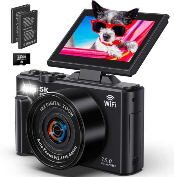 5K Digital Camera for Photography - WiFi 75MP Vlogging Camera for YouTube - UHD Autofocus Video Cameras 3" 180° Flip Screen with 18X Zoom - Compact Vlog Travel Cameras with 32GB SD Card 2 Batteries - For Sale - Price