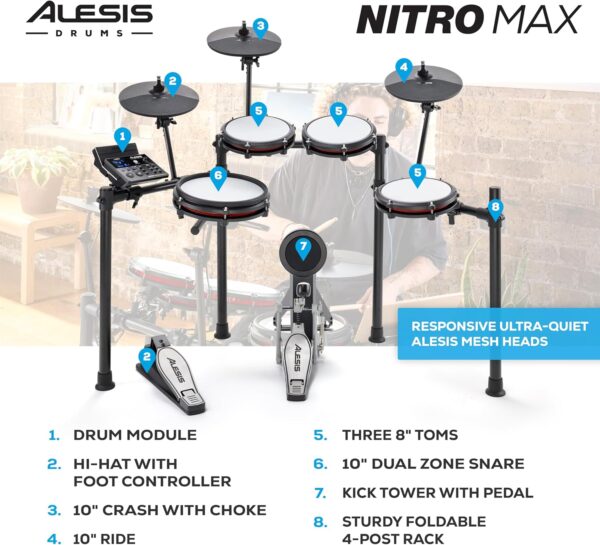 Alesis Nitro Max Kit Electric Drum Set with Quiet Mesh Pads, 10" Dual Zone Snare, Bluetooth, 440+ Authentic Sounds, Drumeo, USB MIDI, Kick Pedal - For Sale - Price - Image 4