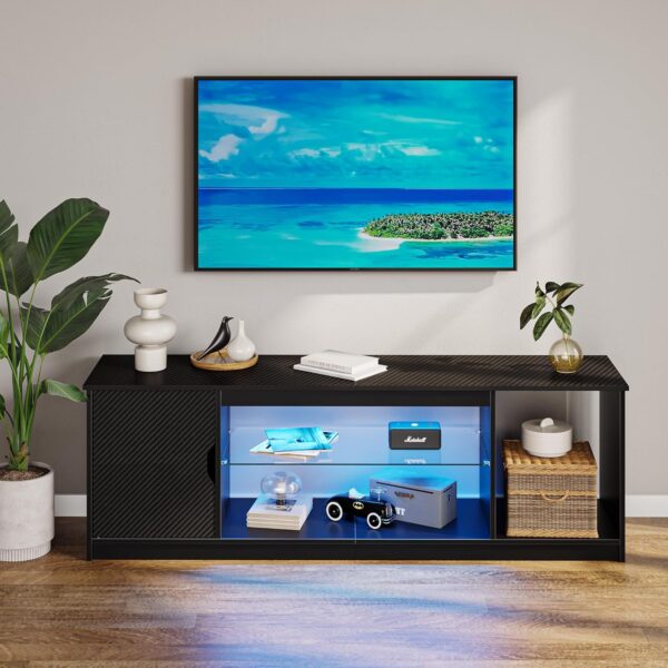 Bestier Led Entertainment Center for PS5, Gaming TV Stand with Cabinet for 60/65 Inch TV, Modern TV Console with Adjustable Glass Shelf for Living Room Easy Assembly Carbon Fiber Black - For Sale - Price - Image 6