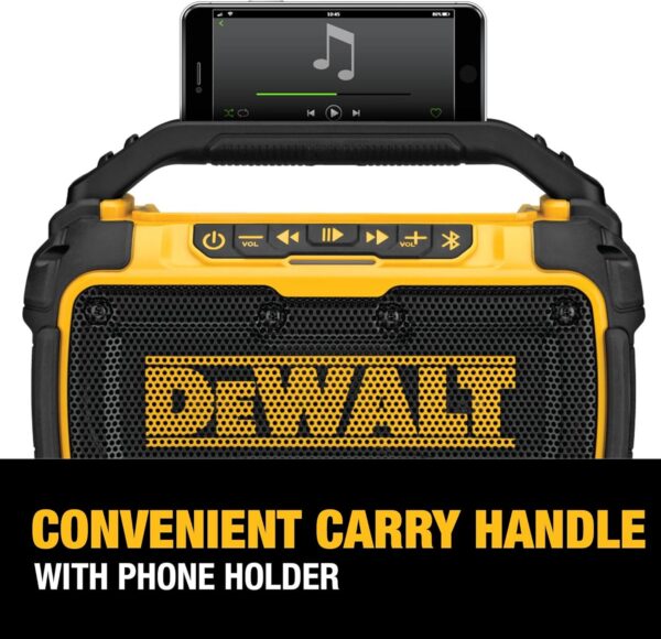 DEWALT 20V MAX Bluetooth Speaker, 100 ft Range, Durable for Jobsites, Phone Holder Included, Lasts 8-10 Hours with Single Charge (DCR010) - For Sale - Price - Image 7