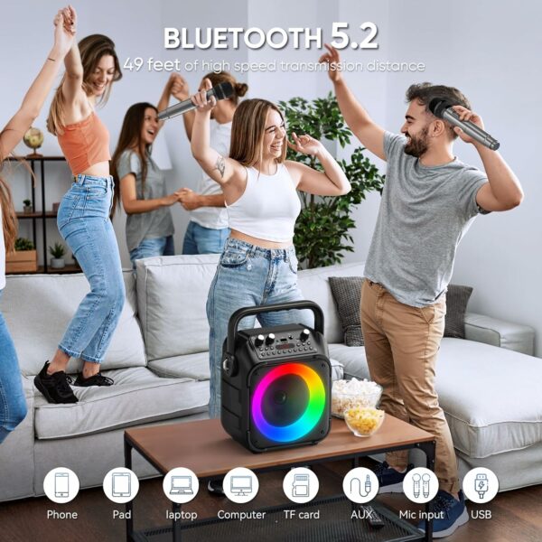 Karaoke Machine, Portable Bluetooth Speaker with 2 Wireless Microphones for Adults & Kids with Lights, Karaoke Microphone with PA System Supports USB/TF/REC/FM/AUX for Home Party - For Sale - Price - Image 2