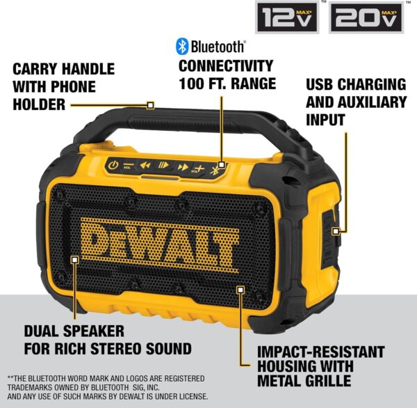 DEWALT 20V MAX Bluetooth Speaker, 100 ft Range, Durable for Jobsites, Phone Holder Included, Lasts 8-10 Hours with Single Charge (DCR010) - For Sale - Price - Image 3