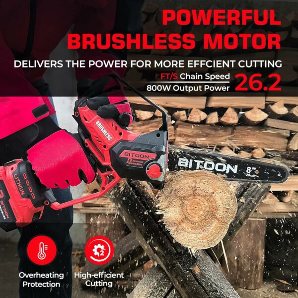 BITOON 8-Inch Mini Chainsaw with 2PCS 3.0Ah Battery and Charger, Auto-Oiler, Brushless Cordless 8-Inch and 6-Inch 2-in-1 Pruning Chain Saw, Portable Electric Chainsaw for Cutting Wood, Branches Red - For Sale - Price - Image 2