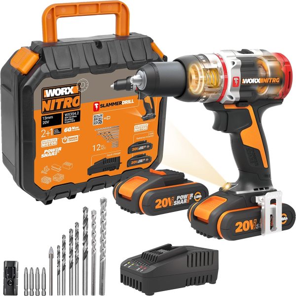 WORX WX354.2 Cordless Impact Drill 20 V (Impact Drill + Brushless Motor), 2 x 2.0 Ah Batteries and Charger, 2 Gears, Case, 18 + 1 Torque Levels, Price For Sale