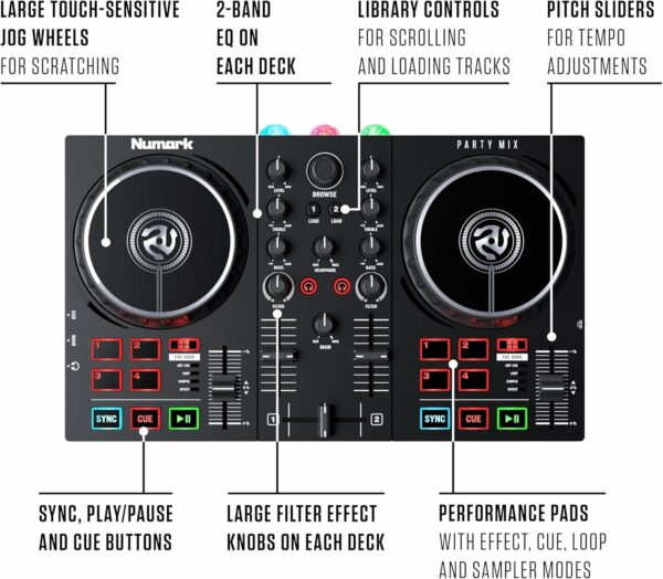 Numark Party Mix II - DJ Controller with Party Lights, DJ Set with 2 Decks, DJ Mixer, Audio Interface and USB Connectivity + Serato DJ Lite - For Sale - Price - Image 4