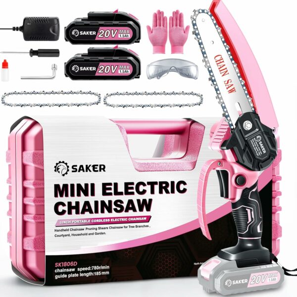 Saker Mini Electric Chainsaw,6 Inch, Handheld Portable Chain Saw Pruning Shears Chainsaw Cordless for Tree Branches,Household and Garden(SAKER MINI CHAINSAW PINK + 2 BATTERIES + 3 CHAINS) - For Sale - Price