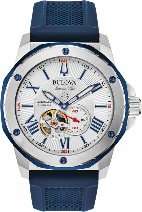 Bulova Men's Marine Star 'Series A' Automatic Stainless Steel Case with Blue Textured Silicone Strap, Open Aperture, Silver White Dial Model: 98A225 - For Sale - Price