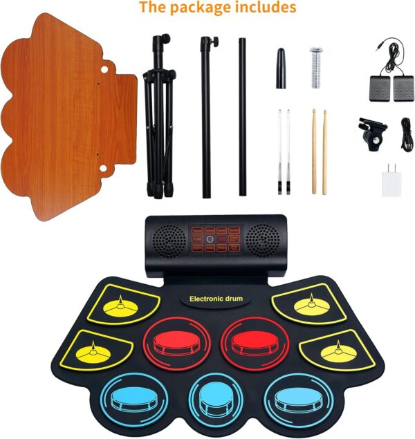 (9 Pads) Electronic Drum Set with Light Up Drumsticks and Stand, Electronic Drum Pad with 5 Different Drum Kit, 10 Unique Rhythms, Bulit-in Double Speakers, Roll Up Drum Kit, Kids Drum Set - For Sale - Price - Image 6