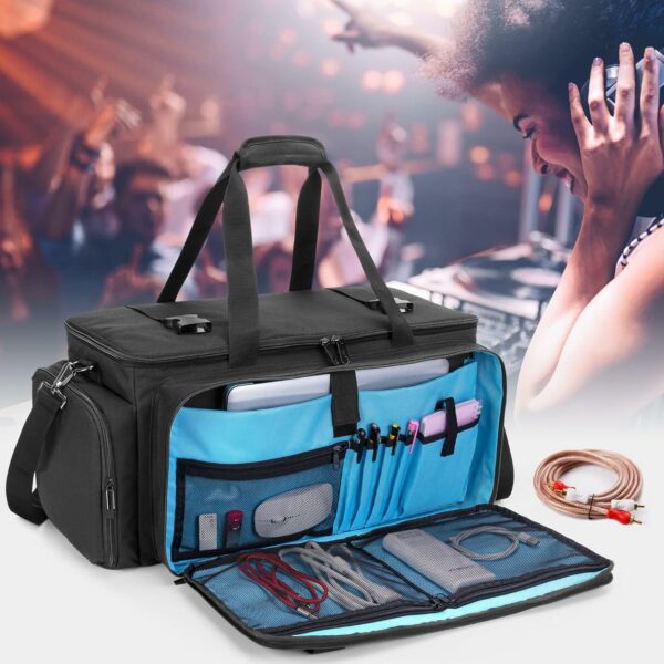 Large DJ Gig Bag, Travel DJ Cable File Case with Padded Bottom & Detachable Dividers, DJ Gear Storage Organizer for Microphones, 14" Laptop, Sound Equipment & Music Instrument, Black, Bag Only - For Sale - Price - Image 7