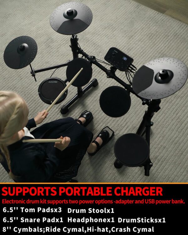 AODSK Electronic Drum Set for Beginner Kids with 150 Sounds,4 Quiet Drum Pads,2 Switch Pedal,Drum Throne,Drumsticks,On-Ear Headphone,AED-400 - For Sale - Price - Image 2