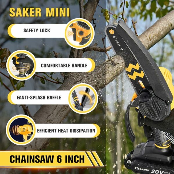 Saker Mini Chainsaw Cordless 6-Inch-Switch Security Lock-Cordless Power Chain Saws-Handheld Small Chainsaw for Cutting Wood Trimming and Woodworking- Mini Chain Saw Cordless with 2 Batteries - For Sale - Price - Image 4