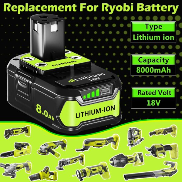 KINGTIANLE 8.0Ah 18V Battery for Ryobi: Replacement Compatible with Ryobi 18V Battery ONE+ Lithium-ion P108 P102 P103 P105 P107 P189 Cordless Power Tools, 2 Pack - For Sale - Price - Image 2