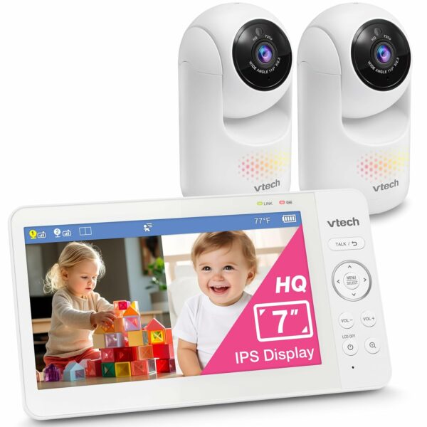 VTech Advanced HQ Max Twin 7" Digital Video 2-Cameras Baby Monitor with Pan Tilt Zoom, Long Battery Life 5000mAh, IPS Screen, Adaptive Multi-Color Night Light, 2-Way Talk, HQ Display, No WiFi, White - For Sale - Price