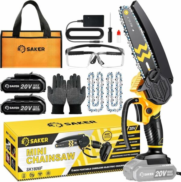 Saker Mini Chainsaw Cordless 6-Inch-Switch Security Lock-Cordless Power Chain Saws-Handheld Small Chainsaw for Cutting Wood Trimming and Woodworking- Mini Chain Saw Cordless with 2 Batteries - For Sale - Price