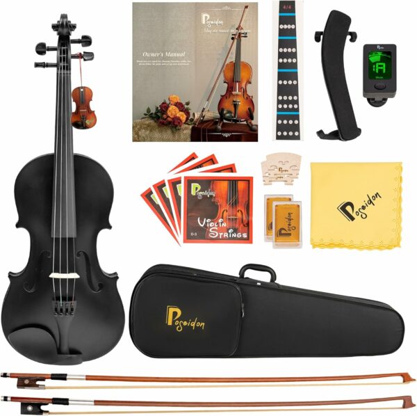 Poseidon Violin for Beginners Kids Adult Beginner Fiddle Kit, Violin 4/4 Student Stringed Musical Instrument w/Case, Two 4/4 Strings, Two Bows, Two Bridges, Two Rosins, Tuner, Manual - Black Polished - For Sale - Price