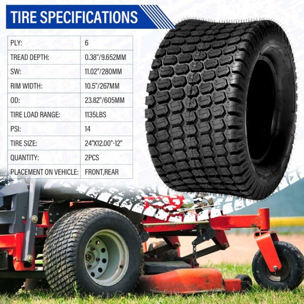 AutoForever Pack of 2 Turf Lawn Tractor Mower Tires 24X12.00-12 24x12x12, 6 Ply Tubeless - For Sale - Price - Image 2