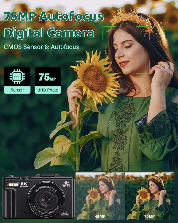 5K Digital Camera for Photography - WiFi 75MP Vlogging Camera for YouTube - UHD Autofocus Video Cameras 3" 180° Flip Screen with 18X Zoom - Compact Vlog Travel Cameras with 32GB SD Card 2 Batteries - For Sale - Price - Image 2