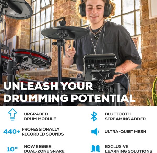 Alesis Nitro Max Kit Electric Drum Set with Quiet Mesh Pads, 10" Dual Zone Snare, Bluetooth, 440+ Authentic Sounds, Drumeo, USB MIDI, Kick Pedal - For Sale - Price - Image 2