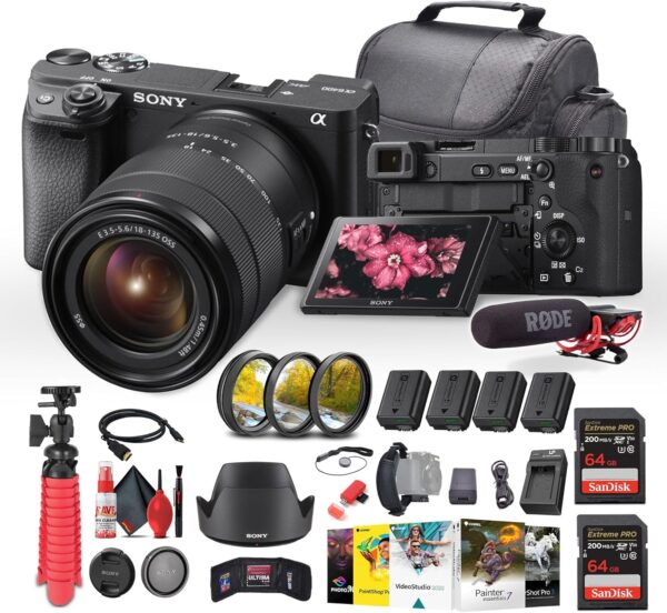 Sony a6400 Mirrorless Camera with 18-135mm Lens with Real-Time Eye Auto Focus, 4K Video (ILCE-6400M/B) + VideoMic + 2 x 64GB Memory Card + 3 x NP-FW50 Battery + Photography Software + More (Renewed) - For Sale - Price