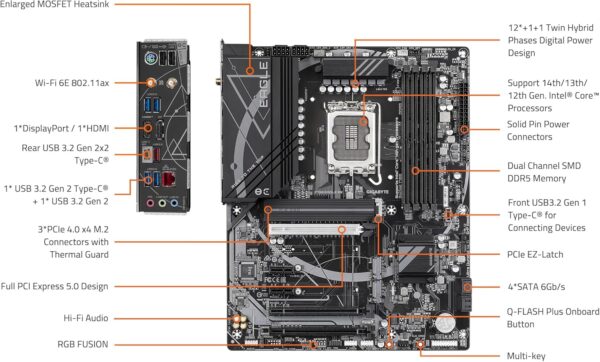 GIGABYTE Z790 Eagle AX LGA 1700 Intel Z790 ATX Motherboard with DDR5, M.2, PCIe 5.0, USB 3.2 Gen2X2 Type-C, Intel Wi-Fi 6E, 2.5GbE LAN, Q-Flash Plus, EZ-Latch - For Sale - Price - Image 6