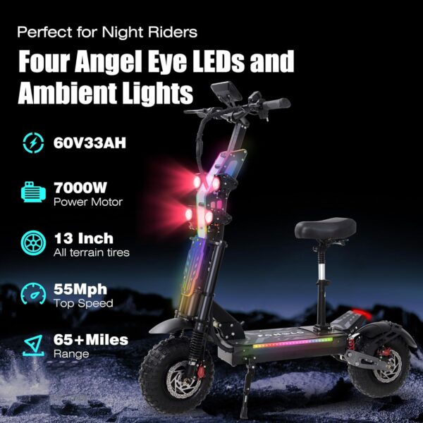 Electric Scooter Adult 7000W Brushless Motor Up to 55 MPH, 60V 33Ah Li-Ion Battery Range 65+ Miles, 13 "All Terrain Tires, Full Suspension E Scooter Adjustable Handlebar Height, E-Scooter with Seat - For Sale - Price - Image 2