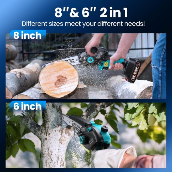 Mini Chainsaw Cordless, 8 inch & 6 inch Electric Chain Saw with 2 Pack Rechargeable Batteries, Battery Powered Handheld Saw for Trees Trimming Wood Cutting, Perfect Gardening Tools for Men Dad Husband - Image 3