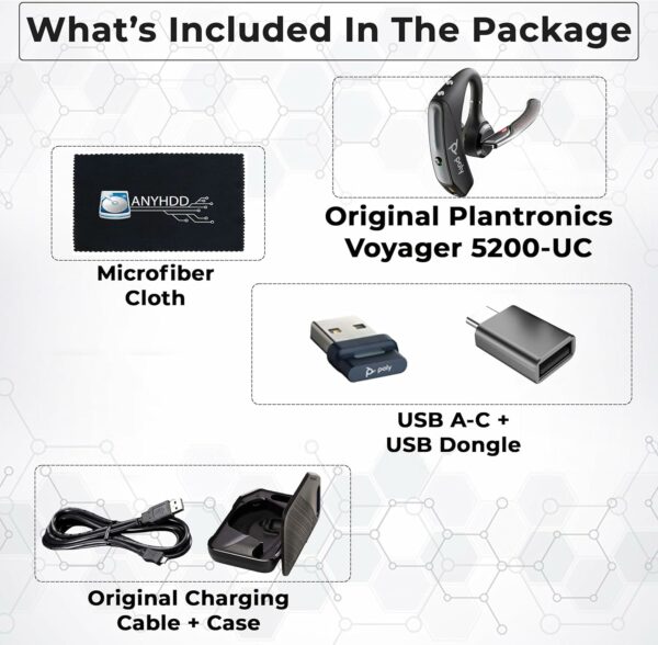 Plantronics Voyager 5200-UC for Bluetooth Headset Earpiece Bundle 206110-101 - for Smartphones, PC, iOS, Mac, Tablet, Incl. Charging Case + Charging Cable + USB Dongle + USB A-C + Microfiber Cloth - For Sale - Price - Image 2