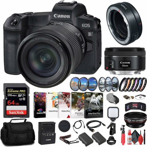 Canon EOS R Mirrorless Camera with 24-105mm f/4-7.1 Lens (3075C032) + Canon EF 50mm Lens (0570C002) + Canon Mount Adapter + 64GB Card + Filter Kit + Wide Angle Lens + Color Filter Kit + More (Renewed) - For Sale - Price