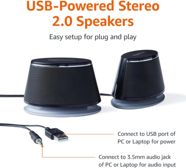 Amazon Basics Stereo 2.0 Speakers for PC or Laptop, 3.5mm Aux input, USB-Powered, 1 Pair, Black - For Sale - Price - Image 2